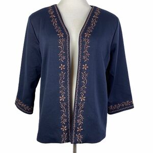 Alfred Dunner Petite‎ Embroidered Open Jacket Women's 12P Navy Brown